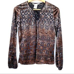 Max Studio burnout velvet  top with long sleeves, crew neck with tie front